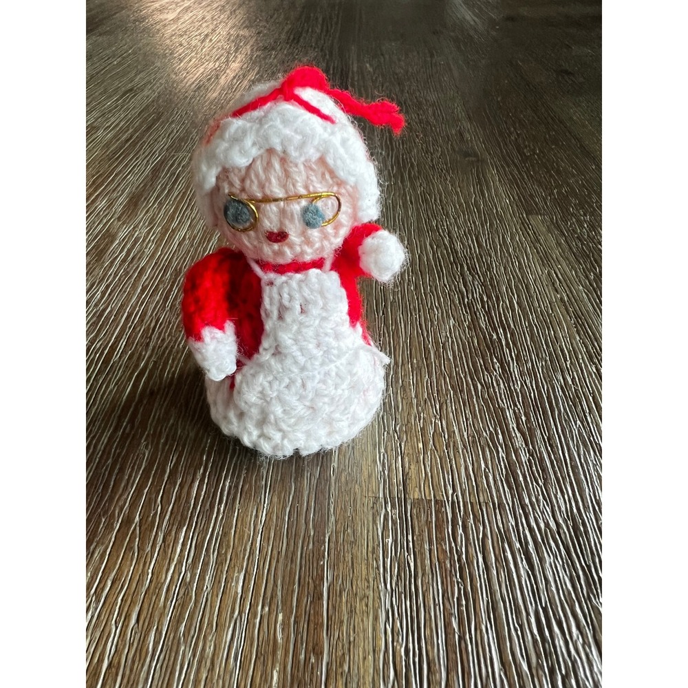 Vintage Handmade Crochet Mrs Claus Christmas Ornament Red White Amigurumi 4 Inch